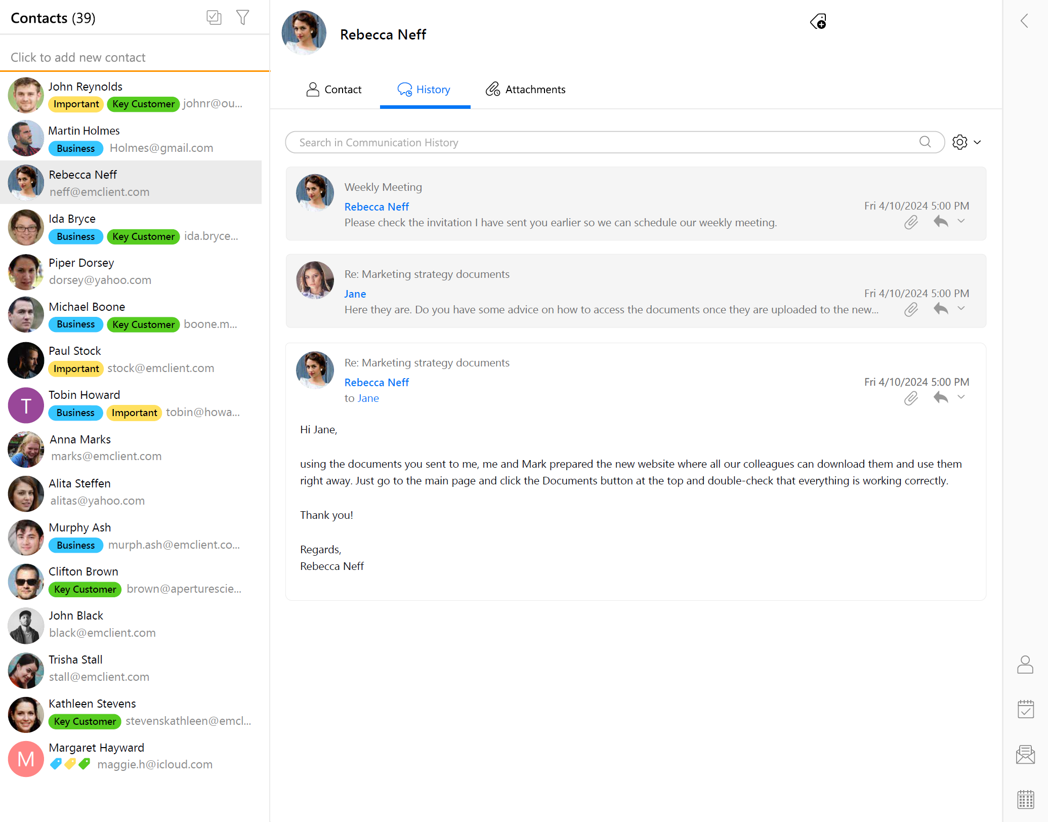 emClient - Advanced Email Client Solutions - Communication history